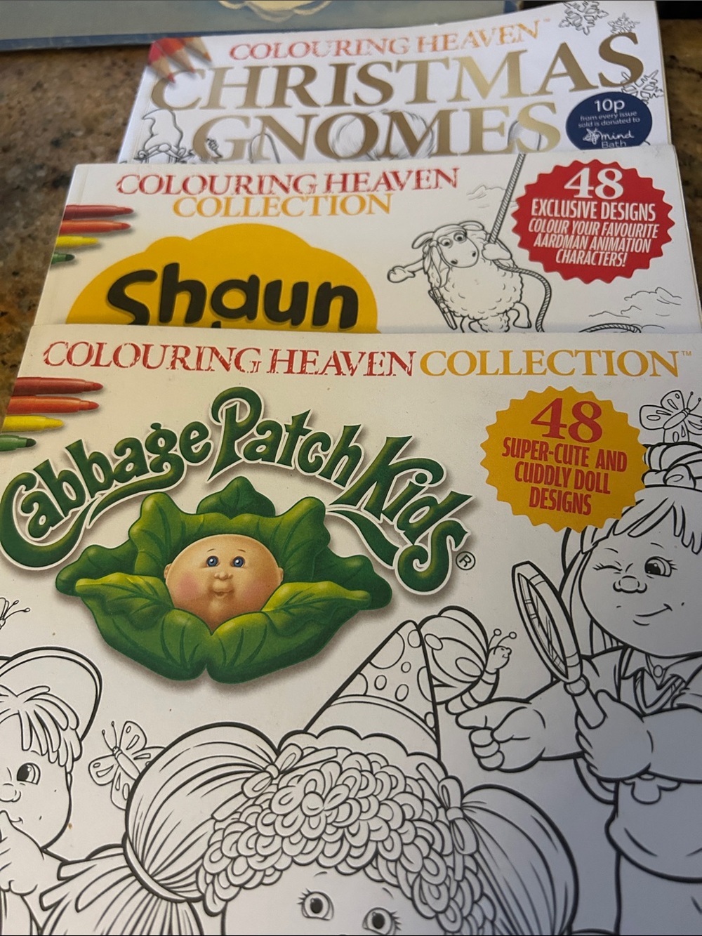 Colouring Heaven Collection Cabbage Patch Kids, Shaun the Sheep, and Xmas Gnomes